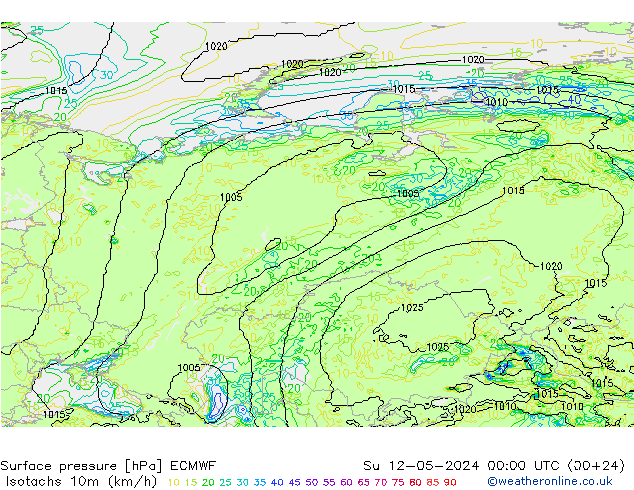 Isotachs (kph) ECMWF Ne 12.05.2024 00 UTC