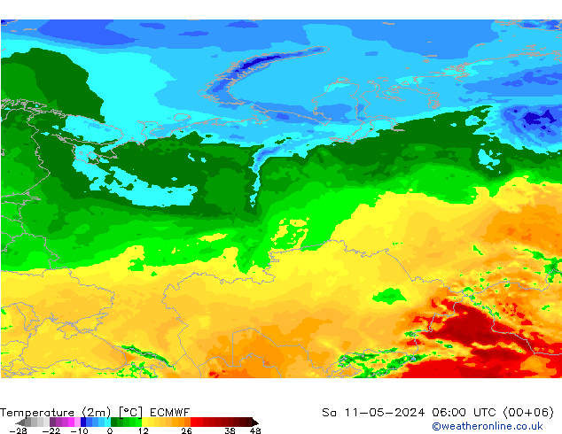 mapa temperatury (2m) ECMWF so. 11.05.2024 06 UTC