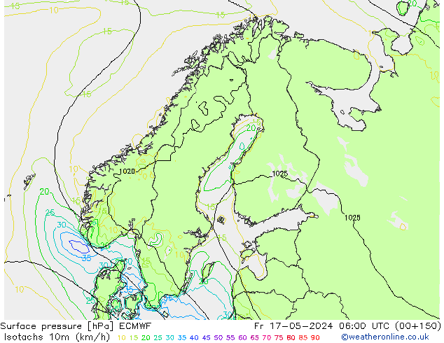 Isotachs (kph) ECMWF Fr 17.05.2024 06 UTC