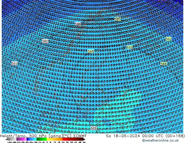 Geop./Temp. 500 hPa ECMWF sáb 18.05.2024 00 UTC