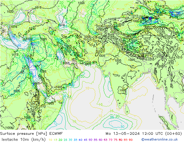 Isotachs (kph) ECMWF Po 13.05.2024 12 UTC
