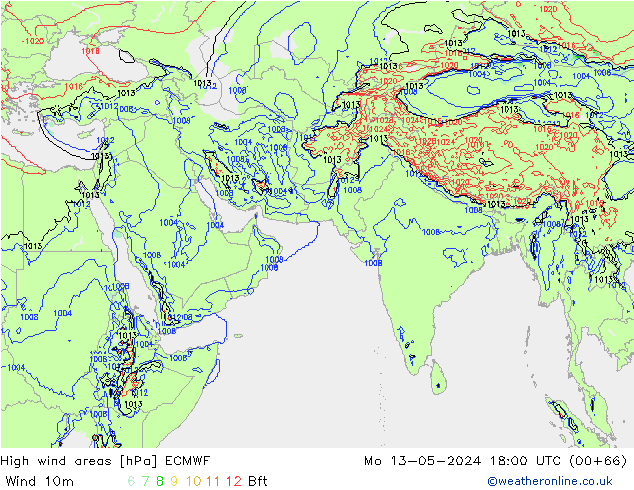 High wind areas ECMWF  13.05.2024 18 UTC