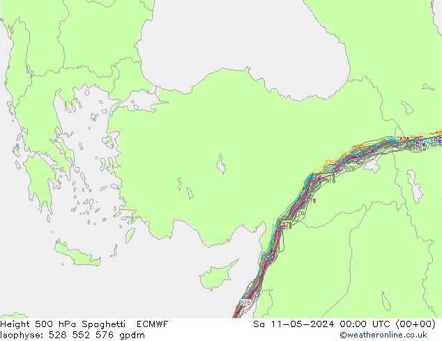 Height 500 гПа Spaghetti ECMWF сб 11.05.2024 00 UTC