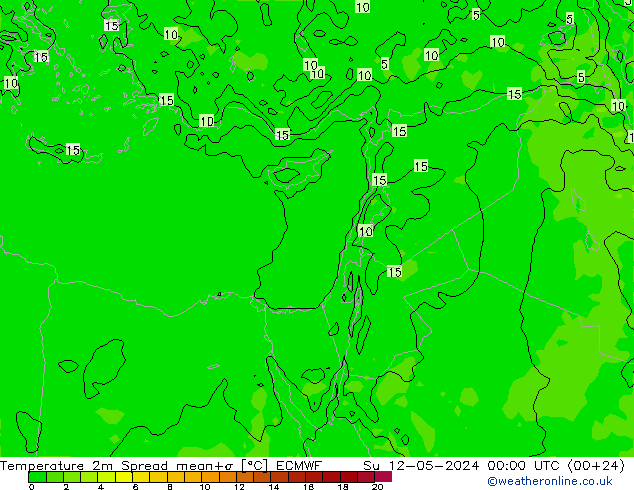 mapa temperatury 2m Spread ECMWF nie. 12.05.2024 00 UTC