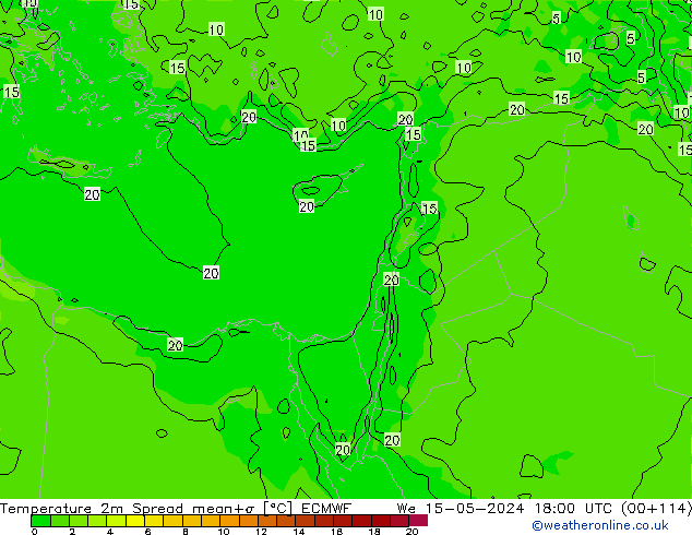 mapa temperatury 2m Spread ECMWF śro. 15.05.2024 18 UTC