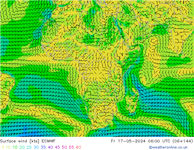 Vento 10 m ECMWF ven 17.05.2024 06 UTC