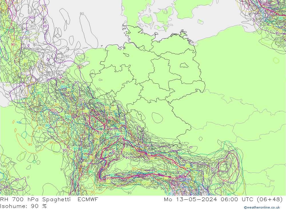 RH 700 hPa Spaghetti ECMWF Seg 13.05.2024 06 UTC