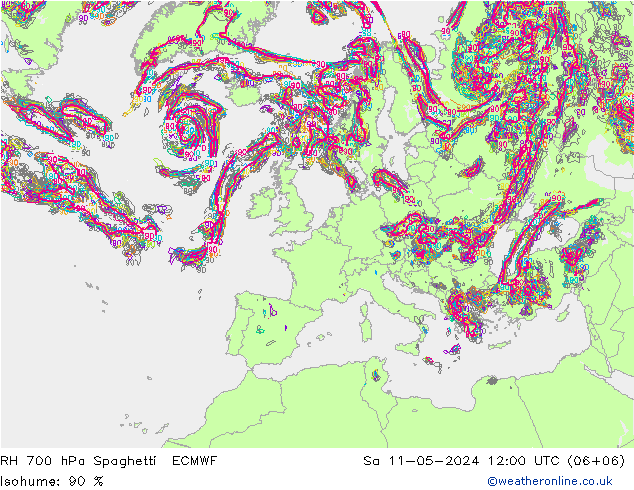 RH 700 hPa Spaghetti ECMWF so. 11.05.2024 12 UTC