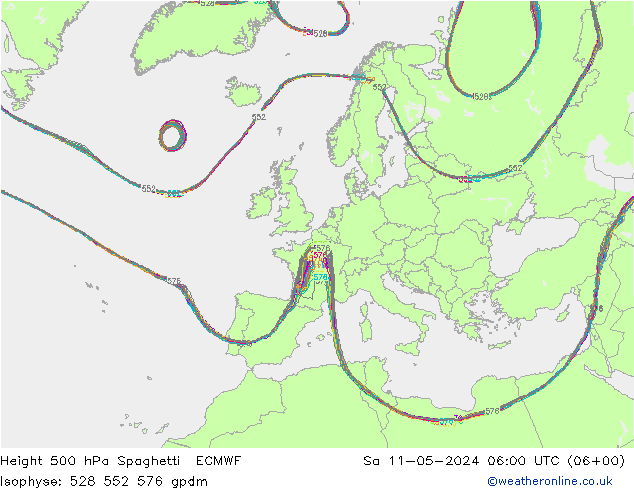 Height 500 hPa Spaghetti ECMWF 星期六 11.05.2024 06 UTC