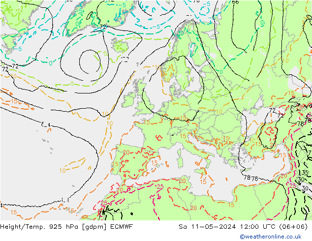 Height/Temp. 925 hPa ECMWF Sa 11.05.2024 12 UTC