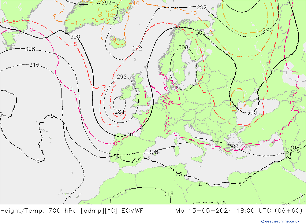 Height/Temp. 700 hPa ECMWF pon. 13.05.2024 18 UTC