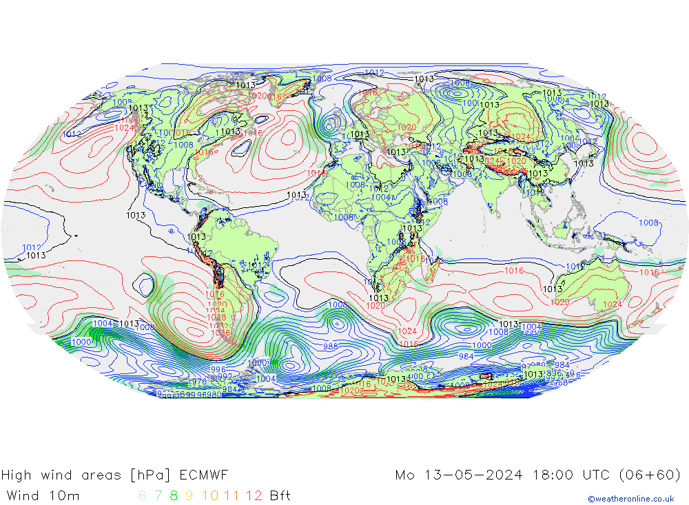 High wind areas ECMWF пн 13.05.2024 18 UTC