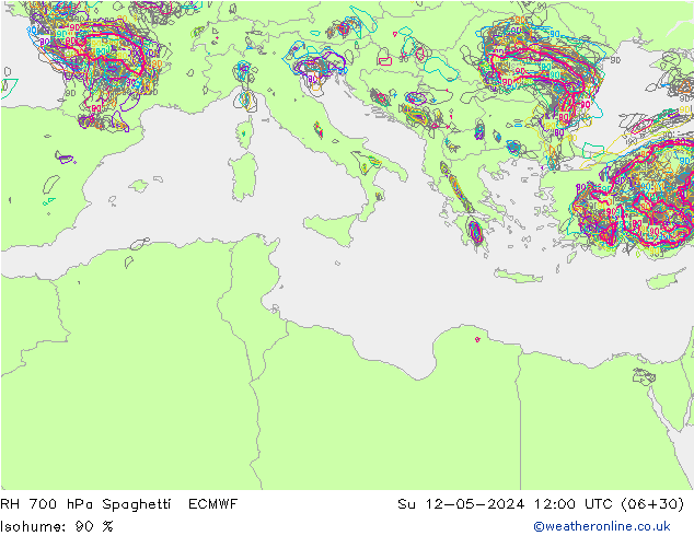 RH 700 hPa Spaghetti ECMWF Su 12.05.2024 12 UTC