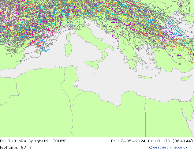 RH 700 hPa Spaghetti ECMWF ven 17.05.2024 06 UTC