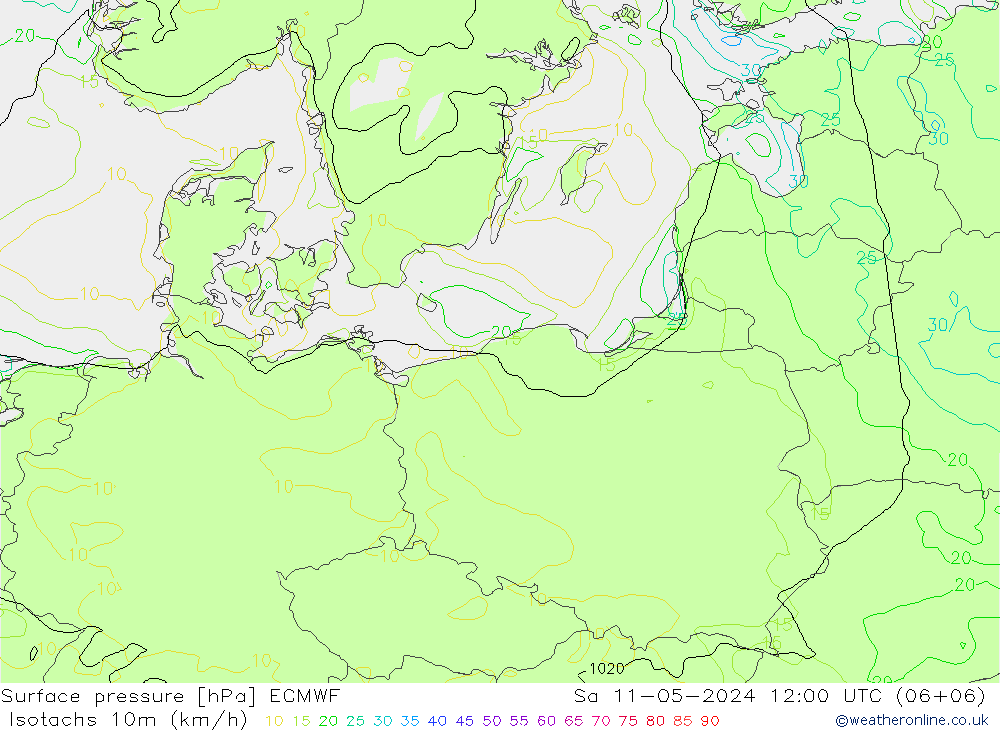 Isotachen (km/h) ECMWF za 11.05.2024 12 UTC