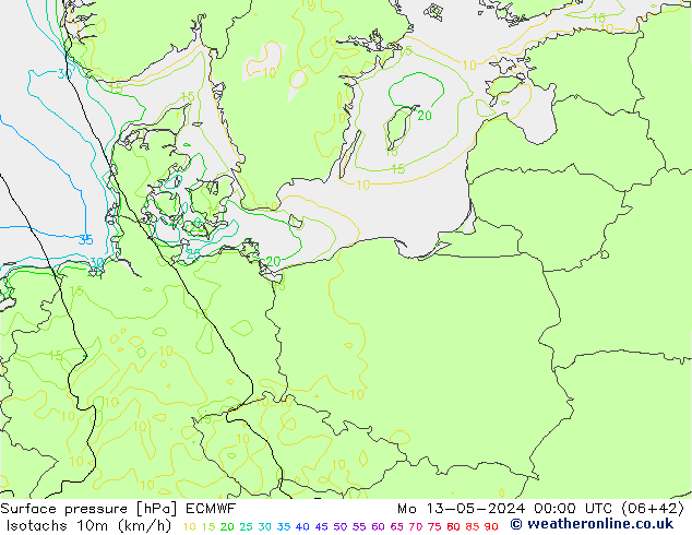 Eşrüzgar Hızları (km/sa) ECMWF Pzt 13.05.2024 00 UTC