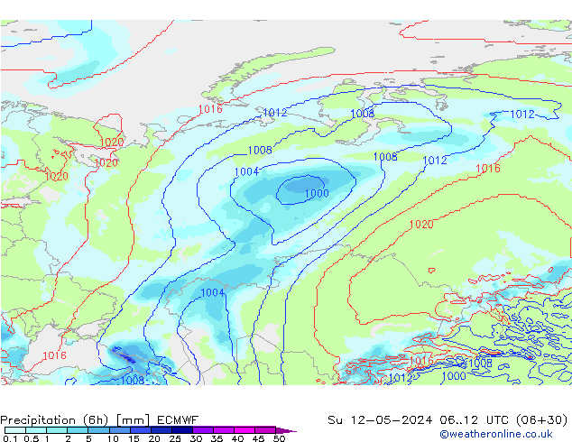 Precipitation (6h) ECMWF Su 12.05.2024 12 UTC