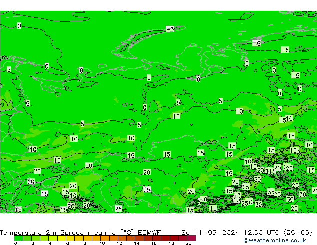 Temperatura 2m Spread ECMWF sab 11.05.2024 12 UTC