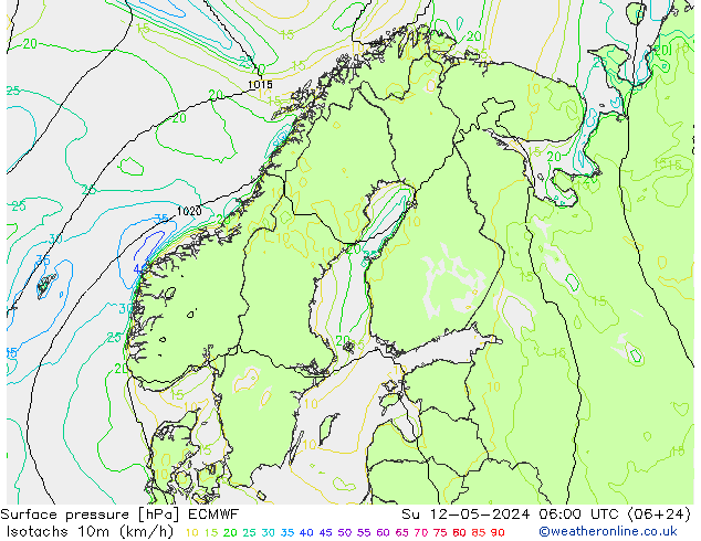 Isotachen (km/h) ECMWF So 12.05.2024 06 UTC