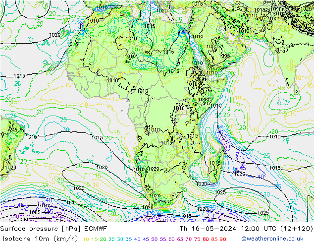 Isotachen (km/h) ECMWF do 16.05.2024 12 UTC