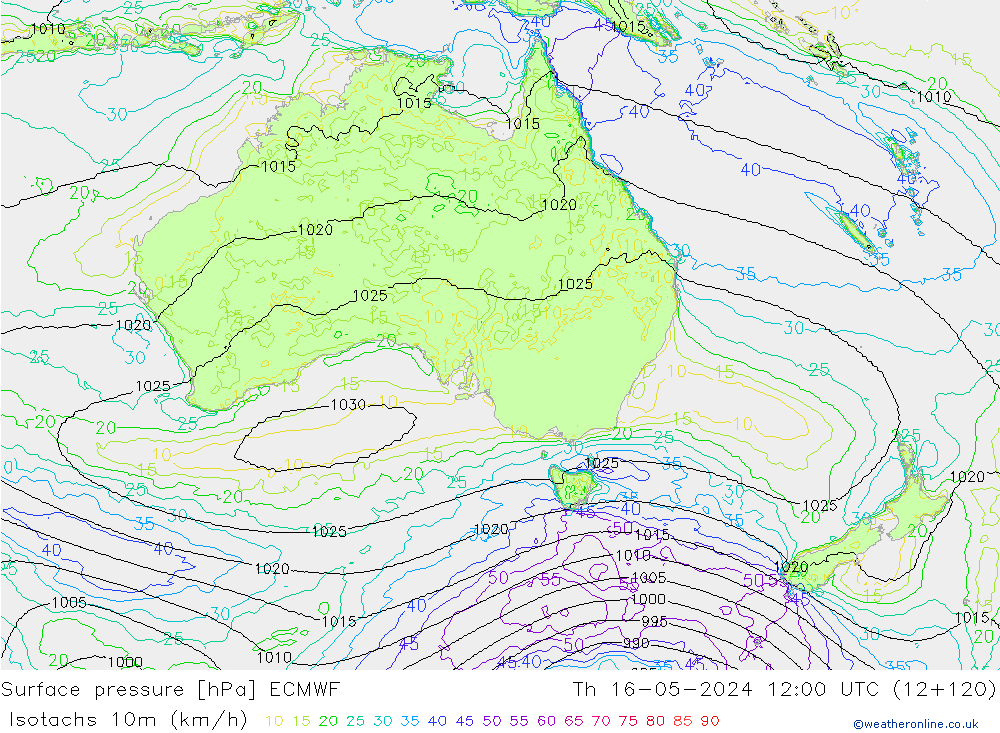 Isotachs (kph) ECMWF Čt 16.05.2024 12 UTC