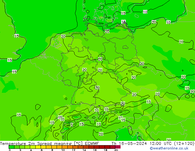 Temperatura 2m Spread ECMWF Qui 16.05.2024 12 UTC
