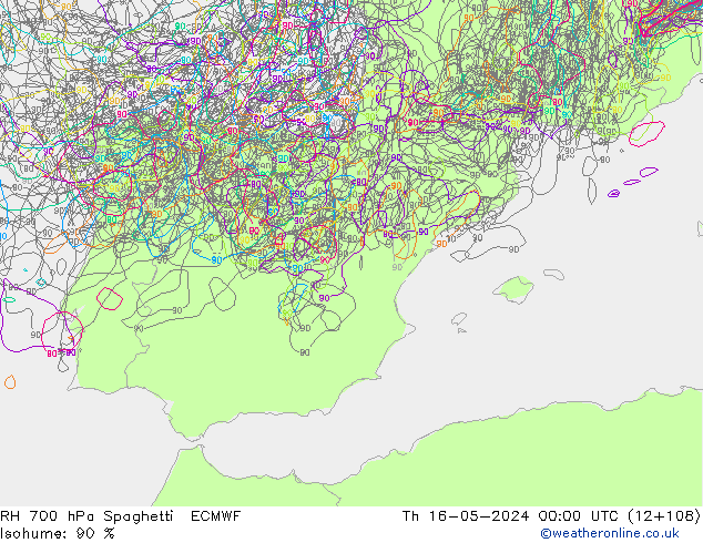 RH 700 hPa Spaghetti ECMWF  16.05.2024 00 UTC