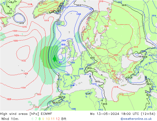 High wind areas ECMWF пн 13.05.2024 18 UTC