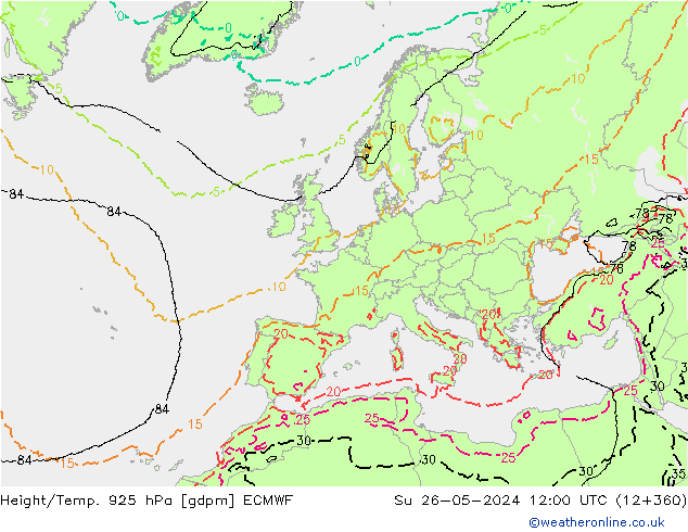 Hoogte/Temp. 925 hPa ECMWF zo 26.05.2024 12 UTC