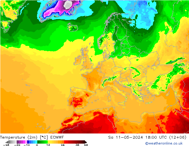 温度图 ECMWF 星期六 11.05.2024 18 UTC