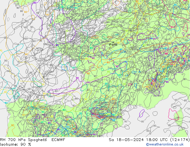 RH 700 hPa Spaghetti ECMWF Sa 18.05.2024 18 UTC