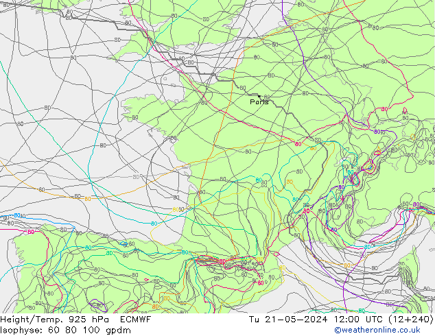 Height/Temp. 925 hPa ECMWF Tu 21.05.2024 12 UTC
