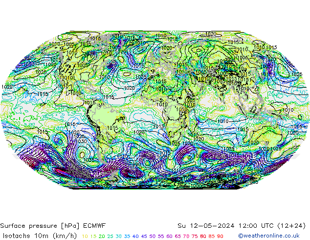 Isotaca (kph) ECMWF dom 12.05.2024 12 UTC