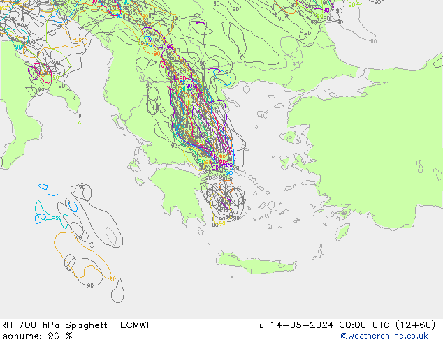 RH 700 hPa Spaghetti ECMWF Út 14.05.2024 00 UTC