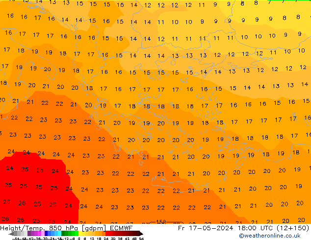 Hoogte/Temp. 850 hPa ECMWF vr 17.05.2024 18 UTC