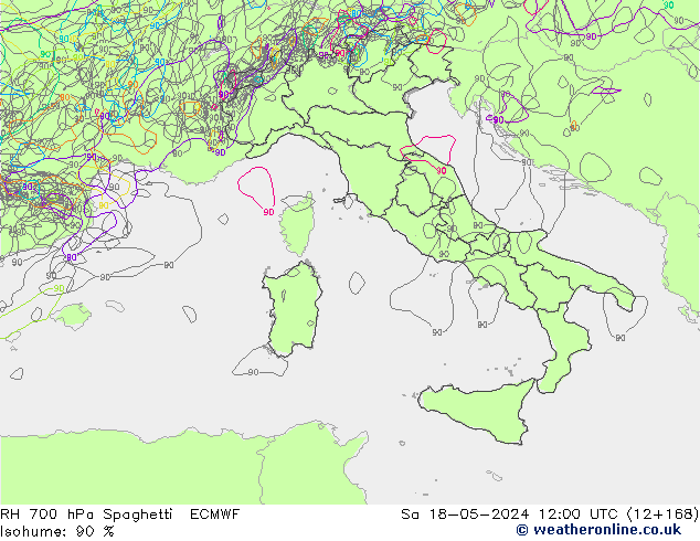 RH 700 hPa Spaghetti ECMWF Sa 18.05.2024 12 UTC