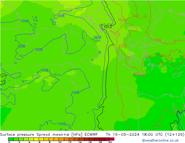 Surface pressure Spread ECMWF Th 16.05.2024 18 UTC