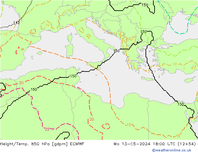 Height/Temp. 850 гПа ECMWF пн 13.05.2024 18 UTC