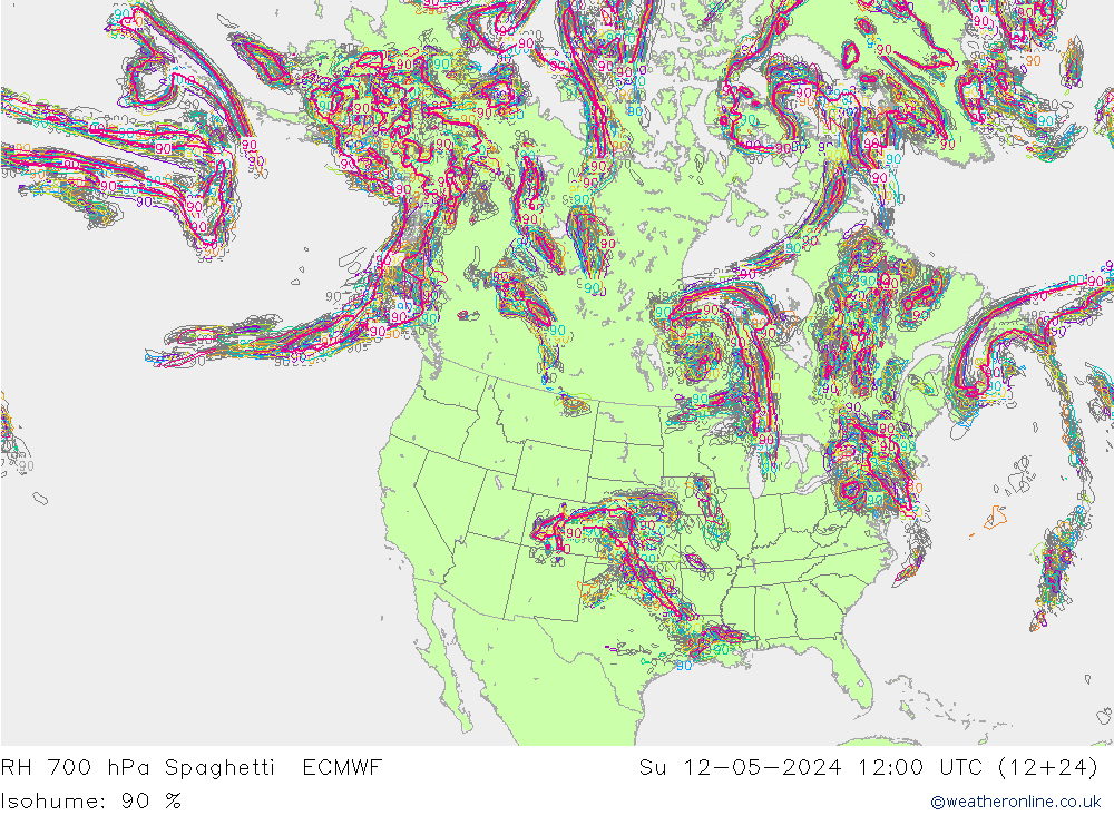 RH 700 hPa Spaghetti ECMWF  12.05.2024 12 UTC