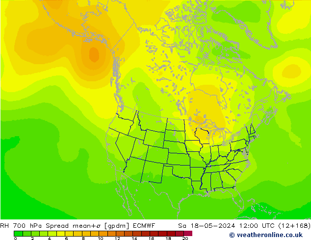 RH 700 hPa Spread ECMWF sab 18.05.2024 12 UTC