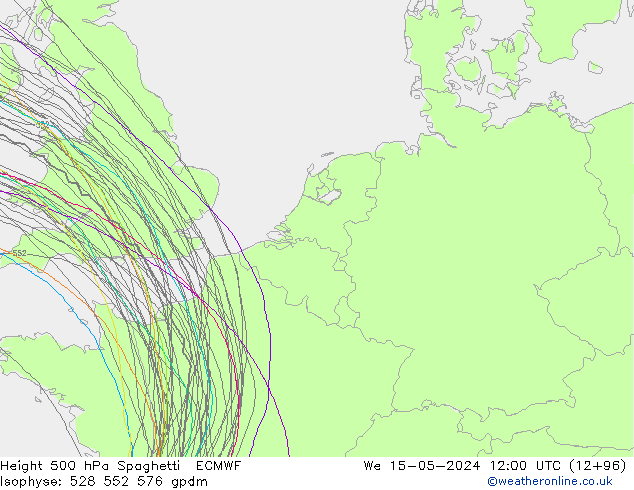 Height 500 гПа Spaghetti ECMWF ср 15.05.2024 12 UTC