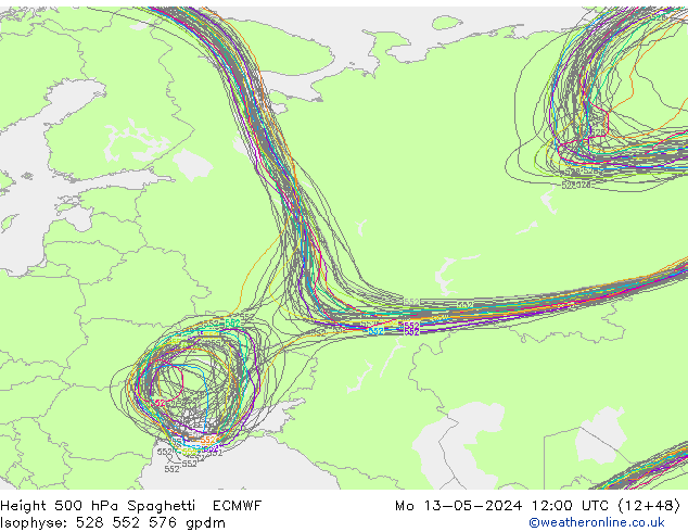 Height 500 hPa Spaghetti ECMWF Po 13.05.2024 12 UTC