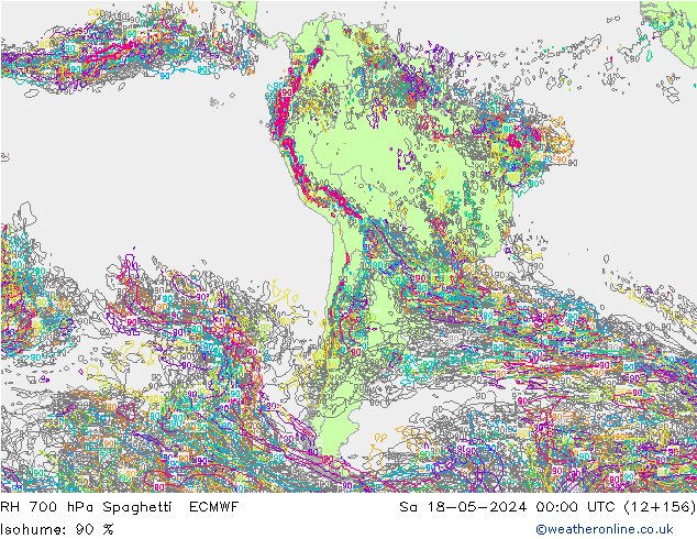 RH 700 гПа Spaghetti ECMWF сб 18.05.2024 00 UTC