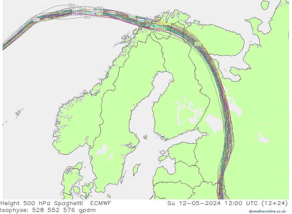 Height 500 hPa Spaghetti ECMWF So 12.05.2024 12 UTC