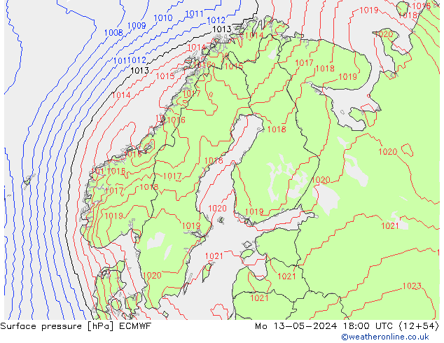 Bodendruck ECMWF Mo 13.05.2024 18 UTC