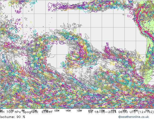 RH 700 hPa Spaghetti ECMWF Sáb 18.05.2024 06 UTC