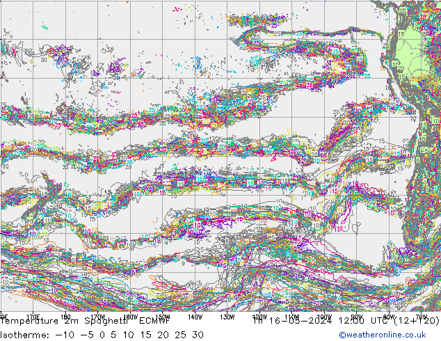 Temperature 2m Spaghetti ECMWF Čt 16.05.2024 12 UTC