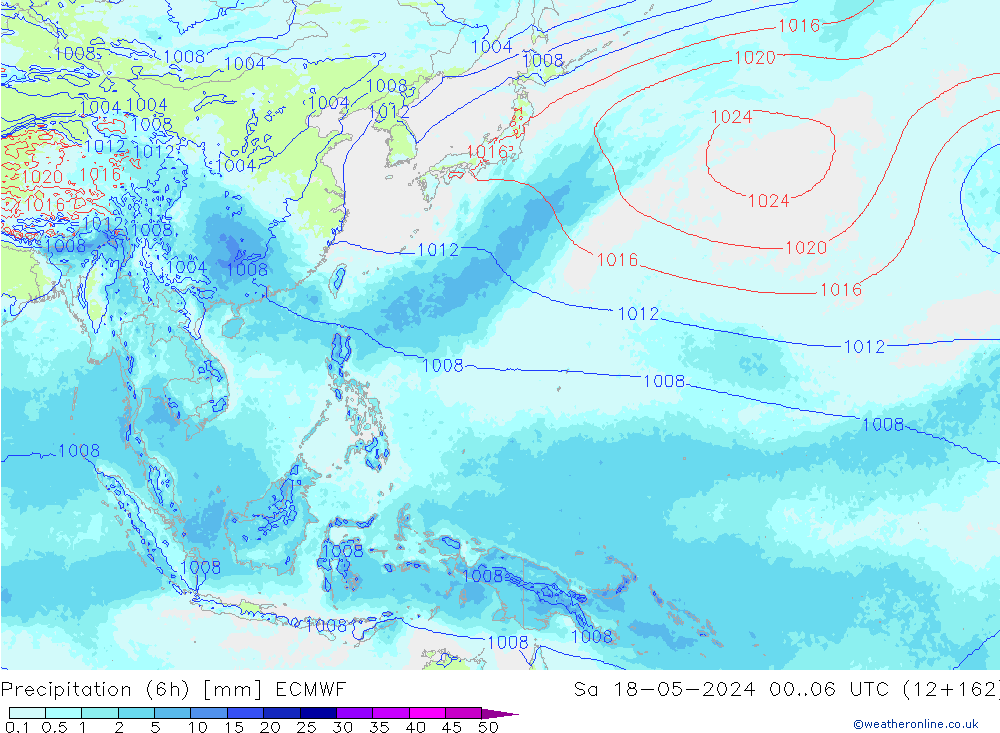 Precipitation (6h) ECMWF Sa 18.05.2024 06 UTC