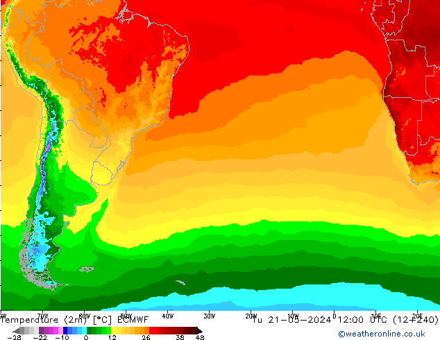 Temperature (2m) ECMWF Tu 21.05.2024 12 UTC