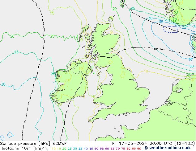 Isotachs (kph) ECMWF ven 17.05.2024 00 UTC